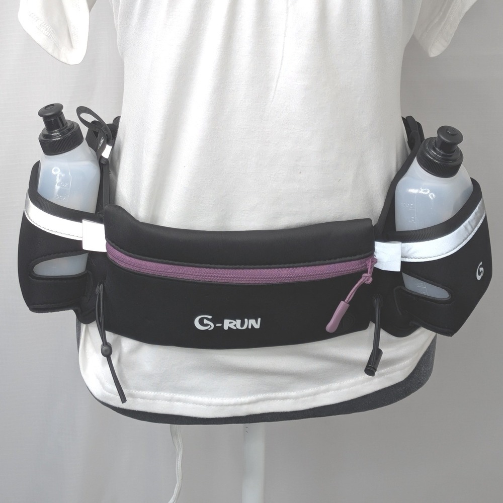 G-Run Hydration Running Belt 2 Water Bottles Waist Pack Black Purple Unused